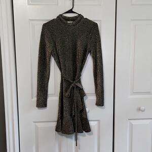 Speechless Women's Metallic Long Sleeve Mock Neck Faux Wrap Dress Size SM Ruffle